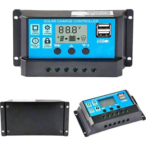 Régulateur de charge solaire 10 A 12 V/24 V - Contrôleur de charge solaire - Batterie intelligente avec double port USB 5 V - Affichage LCD (1/5)