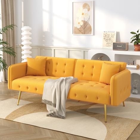 Divano letto 2 posti in velluto giallo con schienale e braccioli regolabili, zona letto 215x81,5 cm