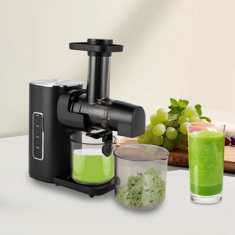Slow Juicer, geeignet für Obst und Gemüse, 150-W-Entsafter, elektrischer Entsafter, horizontaler Entsafter mit zwei Behältern.