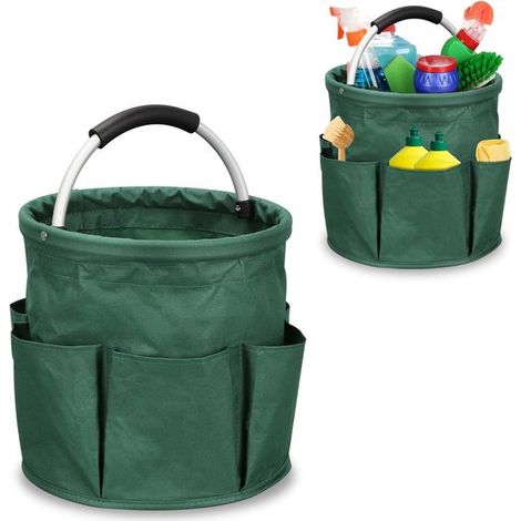 Cubo de limpieza con asa, capacidad de 17 litros, bolsa de almacenamiento plegable para el cubo, 6 bolsillos, portátil para tareas domésticas/lavado de coches/jardinería - Verde oscuro (1/5)