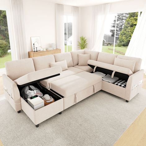 Canapé d’angle convertible L/U avec angle réversible, canapé-lit avec coffres sous méridienne et 2 places, USB/Type-C, poche latérale, lin, beige (1/5)