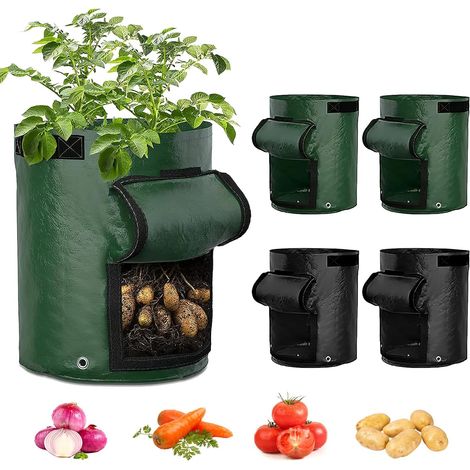 Sacs de Culture de Pommes de Terre, Lot de 4 Sacs de Culture de légumes de Jardin, Sacs à Plantes en PE avec Fenêtre et Poignées, en Tissu Non tissé Respirant pour Pommes de Terre Carottes 35 x 50 cm (1/5)