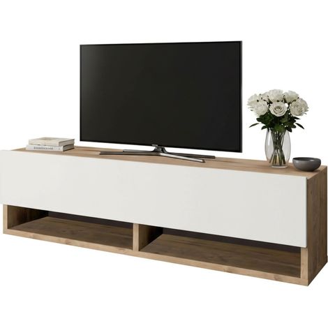 Dmora - Fernsehschrank Dfantin, Ständer für Wohnzimmerfernseher, Niedriges Wohnzimmer-Sideboard, TV-Ständerbasis, 100x32h29 cm, Eiche und Weiß