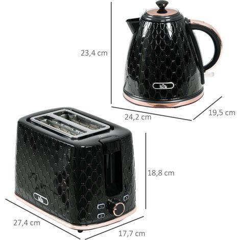 Set bouilloire 1,7 L et grille-pain noir, plusieurs modes avec LED, idéal pour un petit-déjeuner rapide et coordonné sur le plan de travail. (1/5)