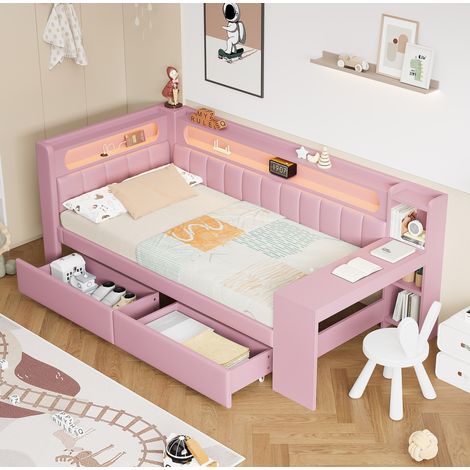 Tagesbett 90/200 cm rosa aus MDF, Sperrholz und Leinen mit Schreibtisch, LED, USB und 2 Schubladen (1/5)