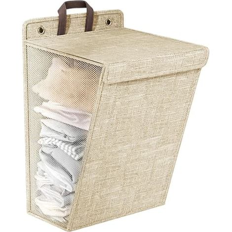 Panier à linge pliable avec couvercle et poignée, panier à linge mural (beige) (1/5)
