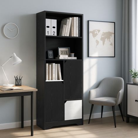 REDOM Bibliothèque meuble 60x35x160cm meuble de rangement panneau de particules avec portes et tiroirs noir