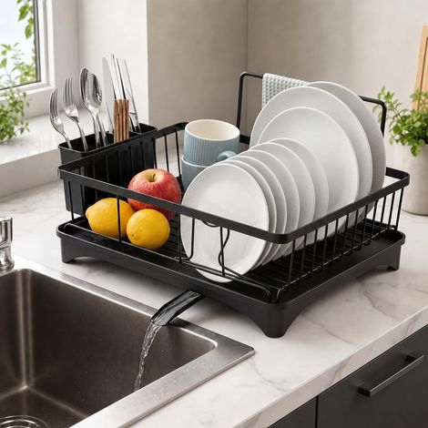 Egouttoir Vaisselle Noir, Organisateur Cuisine Peu Encombrant avec Bac Récupérateur D’Eau, Porte-Serviette, Adapté Aux Assiettes, Verres Et Couverts (1/5)