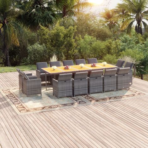 Set comedor jardín 15 pzas y cojines ratán sintético gris (1/5)