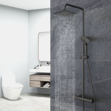 Ocean Sanitaire – Colonne de douche thermostatique noir – Douchette 3 jets – Tête de douche 8 pouces – Flexible 150 cm – Système de robinetterie performant