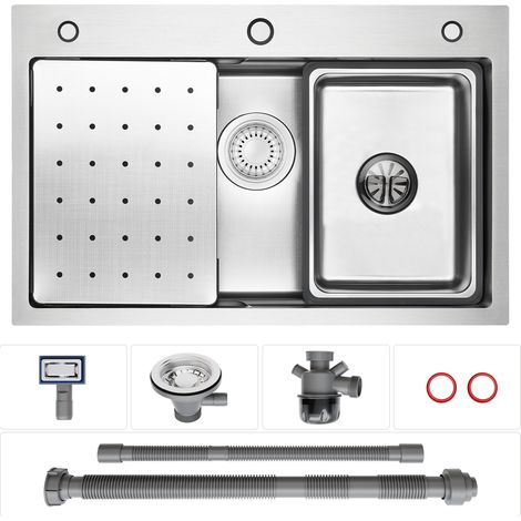 CECIPA MAX Évier en acier inoxydable 70 x 45 cm, bac unique, double marche, panier de dégivrage et égouttoir inclus, fabrication artisanale, bonde et trop-plein inclus, argent (1/4)