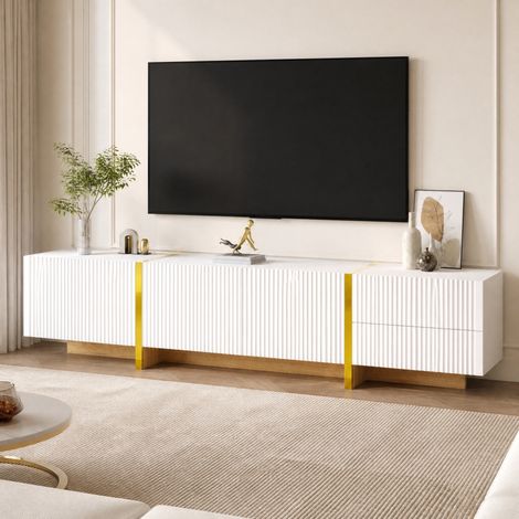 Mobile TV 190x35x45 cm in MDF e pannelli di legno bianco, con vani contenitori FloraGrace (1/5)