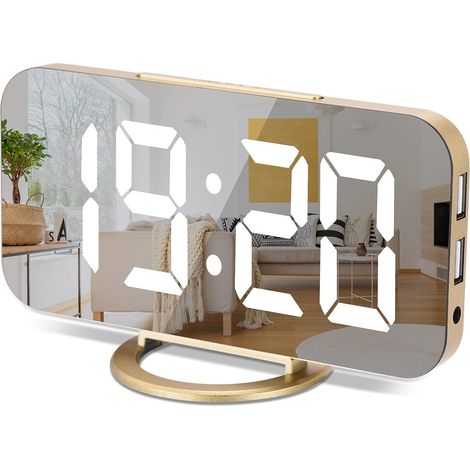 Horloge numérique à grand écran, électrique LED,Surface miroir pour maquillage avec mode d'intensité,3 niveaux de luminosité,Double ports USB,Décoration moderne pour la maison ou la chambre-Doré (1/2)