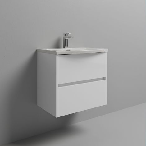 Montego Gloss White 600mm Wall Mounted 2 Drawer Vanity Unit with Arc Basin