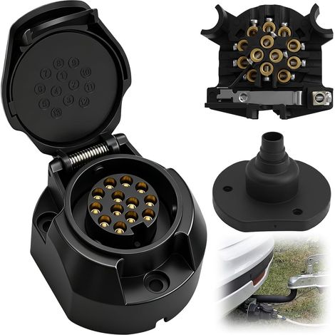 Prise Remorque 13 Broches Femelle avec Joint en Caoutchouc, Connecteur 13 Pôles 12V pour Voiture Camion Caravane et RV Adaptateur pour Attelage (1/5)