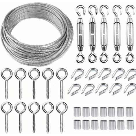 Kit câble métallique acier inoxydable 30m/2mm - Tendeur fil robuste M5, rouleau de fil de clôture, garde-corps de câble pour plantes grimpantes