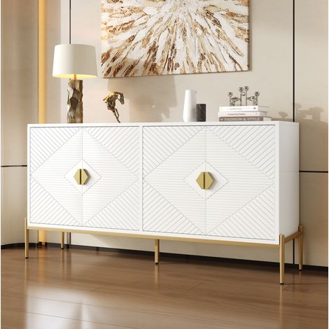 Buffet 162 x 40 x 80 cm blanc avec portes géométriques et pieds métalliques HAVRYA (1/5)