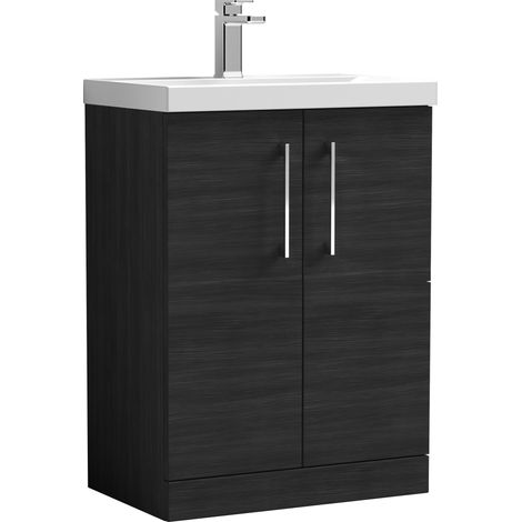 Nuie Arno Charcoal Black Woodgrain 600mm 2 Door Vanity Unit and Thin Edge Ceramic Basin - ARN603D (1/5)