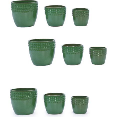 9er-Set teiliges handgemachtes Keramikpflanztopf-Set (Ø 38,1/30,5/22,9 cm), grünes Rautenmuster, ideal für Orchideen/Sukkulenten, Innen/Außen, Fensterbänke/Bücherregale, atmungsaktive Tonware.