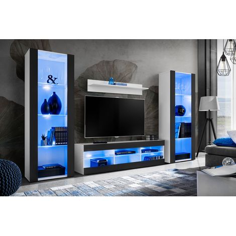 Komodee Ensemble de Meubles Tivoli Grande, Blanc/Noir, Largeur 250cm x Hauteur 159cm x Profondeur 35cm, LED Blu, 3 étagères, pour Salon, Chambre, Entrée
