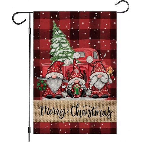 Drapeaux de jardin de Noël pour l'extérieur, motif à carreaux rouges et noirs avec gnomes, camions et arbres, petits drapeaux de jardin, 30 x 45 cm, double face, rouge (1/5)