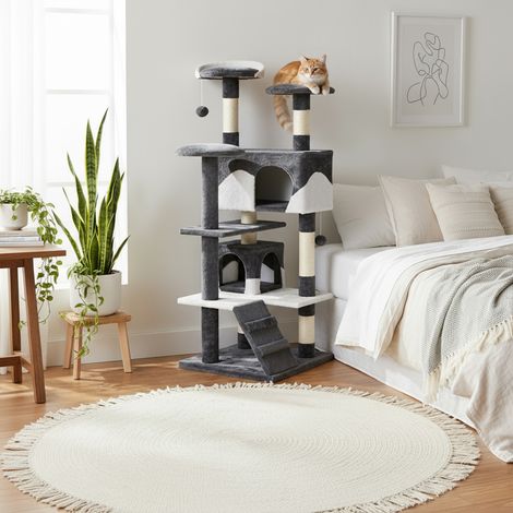 belviona Kratzbaum, 130 cm hoher Katzenbaum mit Höhlen, Treppe & Spielbällen, robust & stilvoll, grau/weiß (1/5)