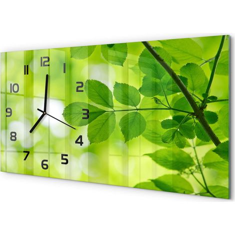 Horloge Murale Panoramique Moderne 60x30 cm Verre Trempé Sans Tic-Tac Feuilles vertes (1/5)