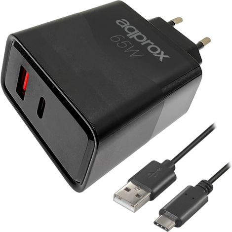 CARGADOR USB DE VIAJE/PARED 1xUSB/USB-C + CABLE USB-A A USB-C 65W NEGRO APPROX