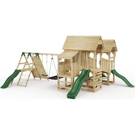 FarmPlay Stable and Mini Loft Climbing Frame with Double Swing, Climbing Wall with Deck, Bridge and Slides (1/5)