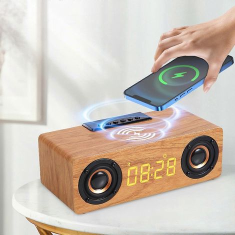Enceinte Bluetooth en bois avec chargement sans fil, horloge, réveil, radio FM, port USB et caisson de basses haute puissance - Vente de liquidation pour la rentrée scolaire (1/5)