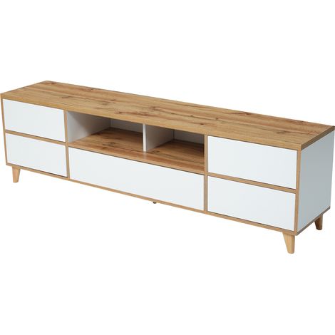 Meuble TV Blanc et Bois 175 cm Style Campagne avec 4 Portes et Pieds en Bois pour Écrans 40-49 Pouces (1/5)