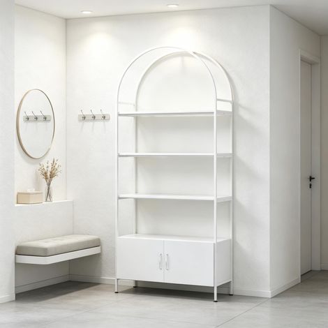Librería arqueada de cuatro niveles con armario de doble puerta, estante de almacenamiento independiente para sala de estar u oficina. (1/5)