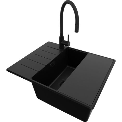 PRIMAGRAN Evier Cuisine en Granit 62x50cm, Lavabo 1 bac + Kit de Vidage + Accessoire, Évier à Encastrer au meuble 50cm - Copenhague, Tout Noir (1/5)
