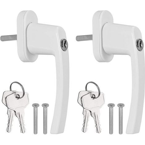 Lot de 2 poignées de fenêtre verrouillables à clé en aluminium blanc, poignées de porte-fenêtre avec 4 vis et 4 clés, compatibles avec toutes les fenêtres et portes-fenêtres courantes. (1/5)