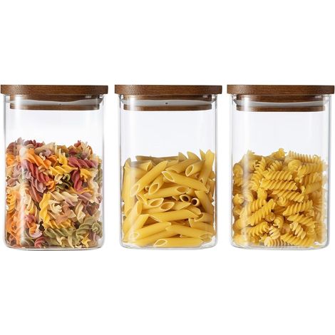 Lot de 3 Bocaux Verre Borosilicaté,Couvercle Bois Acacia,Hermétique,Empilable,Cuisine (1/5)