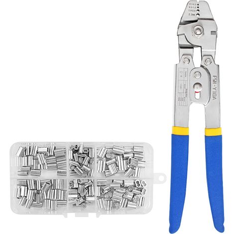 Outil de sertissage pour câbles métalliques jusqu'à 2,2 mm avec kit de 150 embouts de sertissage à double canon en aluminium de 3 tailles différentes