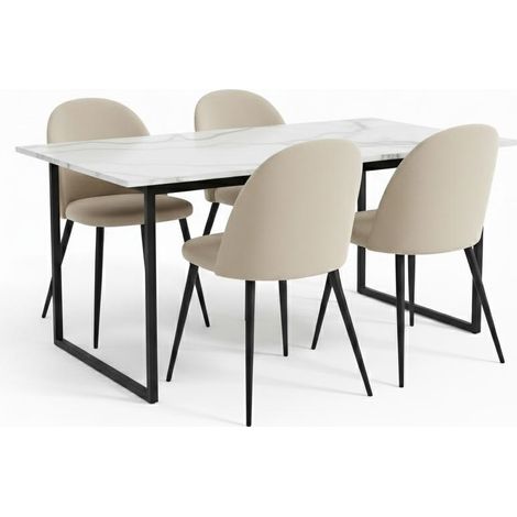 Tilst Essgruppe Tisch weiß Marmor Print 90x160 4 Stühlen Velour beige.
