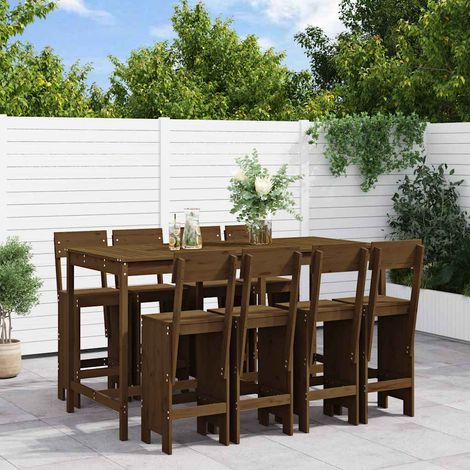 vidaXL Mesa y taburetes altos de jardín 9 pzas madera pino marrón miel (1/5)