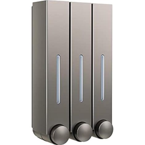 Dispensador de jabón，3 depósitos，420 ml，Dispensador de champú y acondicionador，Gris，15,3 x 9 x 28 cm，Para ducha y cocina (1/5)