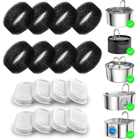 16er-Pack Katzenbrunnenfilter, Edelstahl-Ersatzfilter für automatische Haustierbrunnen (8 Filter und 8 Schwämme) (1/5)