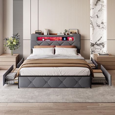 Lit avec tiroirs 140x190 cm avec tête de lit de rangement et LED - Velours -  Gris