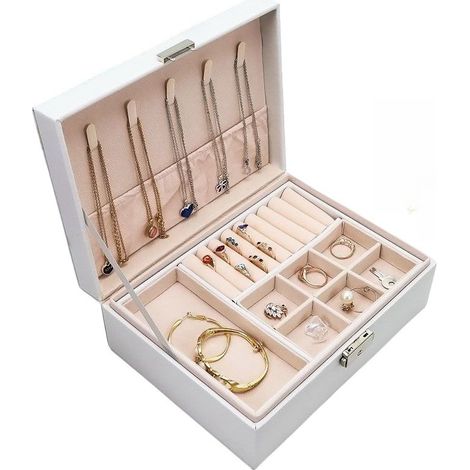 Boîte à bijoux avec serrure, double compartiment, blanche, en cuir PU, étui de voyage blanc (1/2)