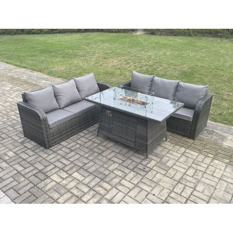 Fimous Rattan Garden Furniture Set with Fire Pit Table 3 Pieces Outdoor Lounge Sofa Set Dark Grey Mixed (1/5)