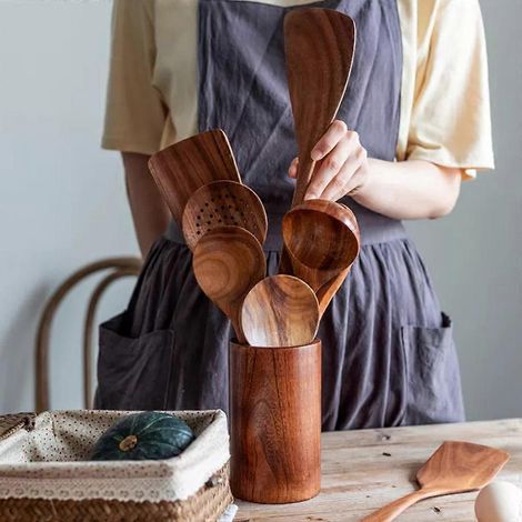 Ensemble de 8 spatules en bois de teck naturel Kitchenoden, ustensiles de cuisine (1/4)
