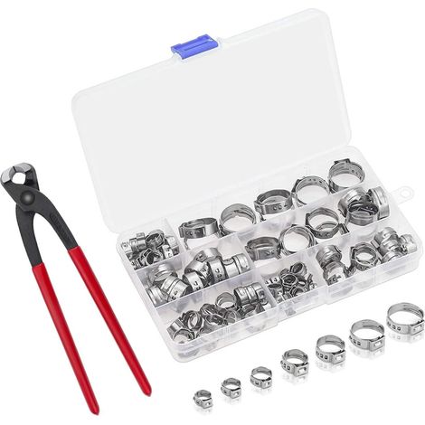 Lot de 100 colliers de serrage à une oreille en acier inoxydable de 6 à 21 mm, avec anneau de serrage pour tuyau. (1/5)