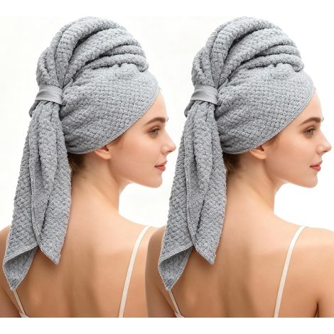 2 Serviette Microfibre Cheveux, Serviettes Grises avec Bande élastique, séchage Rapide et Super absorbantes pour Cheveux Longs (100 x 60 cm) (1/5)