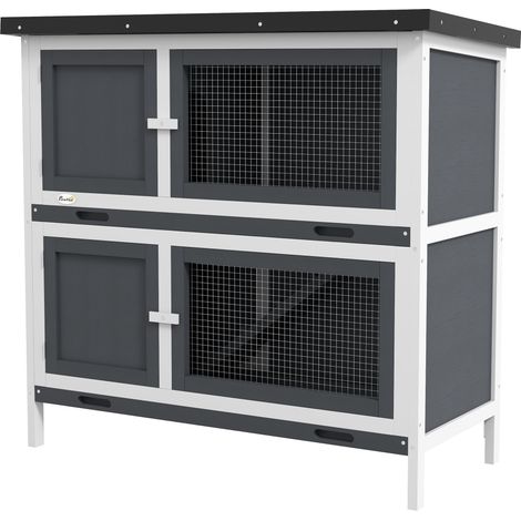 Double Decker Rabbit Hutch 2 Tier Guinea Pig House Pet Cage Outdoor Sliding-out Tray, 100 x 47 x 91cm, Grey (1/5)