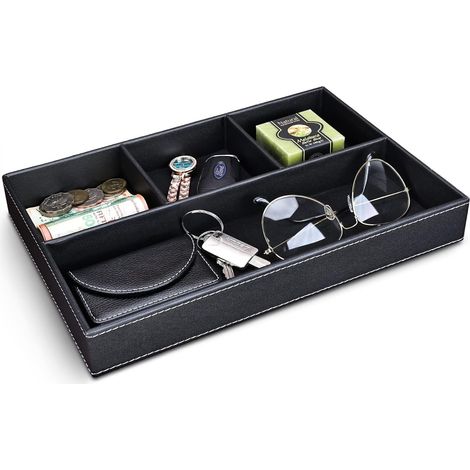 Plateau Vide Poche en Cuir, Organisateur de Tiroir Chevet et Bureau à 4 Compartiments, Boîte de Rangement Clés, Portefeuille, Téléphone, Montres, Bijoux, Argent, Boutons de Manchette (Noir) (1/5)