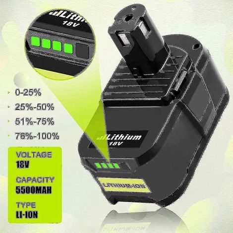 Compatible avec les batteries Ryobi 18 V 5,5 Ah. (Modèles compatibles : P108, RB18L50, RB18L40, RB18L25, RB18L15, RB18L13, P107, P105, P104, P103, P102) (1/5)
