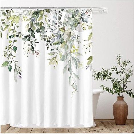 Rideau de douche floral - Motif aquarelle de feuilles - Vert eucalyptus - 72x84 cm - Imperméable - 12 crochets inclus (1/5)